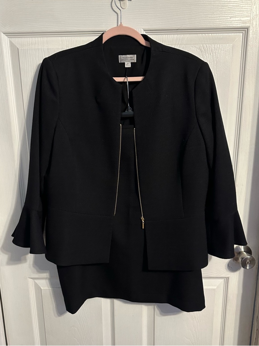 Tahari Black Two-Piece Suit with 3/4 flounce sleeve Jacket & Skirt